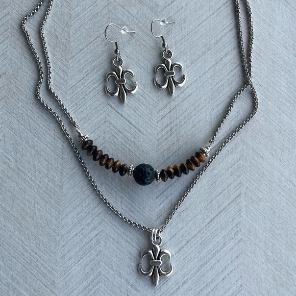 Set ! Fleur de lis / lys lily flower tiger eye necklace + earrings boho gems - Picture 13 of 16
